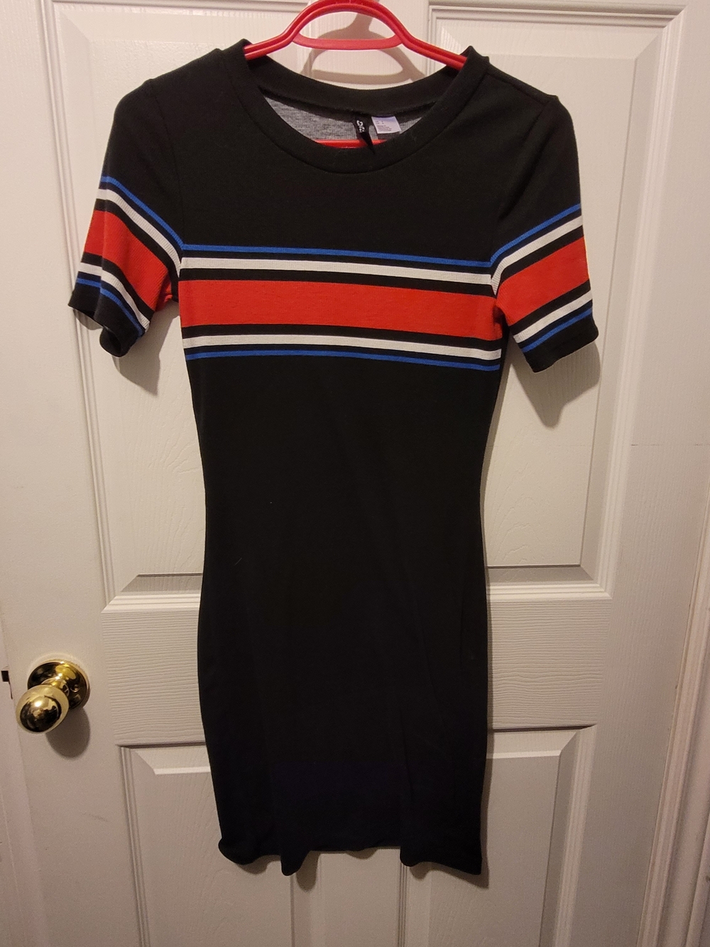 Divided Black Mini Dress with Red and Blue Stripe Detail